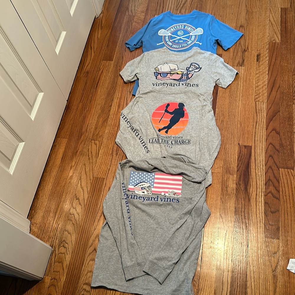 Lot of 4 boys lacrosse vineyard vines shirts. 2 shirts sleeve 2 long sleeve.